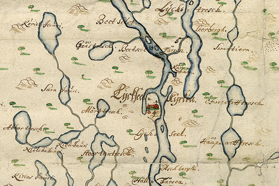 Geddas karta från 1671. Lantmätaren Jonas Geddas och notarien Anders Holms undersökningar och karta omfattar områden inom Lycksele kommun, Sorsele kommun, Storumans kommun nedanför Tärna och stora delar av Malå kommun. På den tiden ingick dessa områden i lappbyarna Umbyn, Granbyn och en del av Arvidsjaurbyn. Här ses ett utsnitt av området i och kring Lycksele. Riksarkivet.