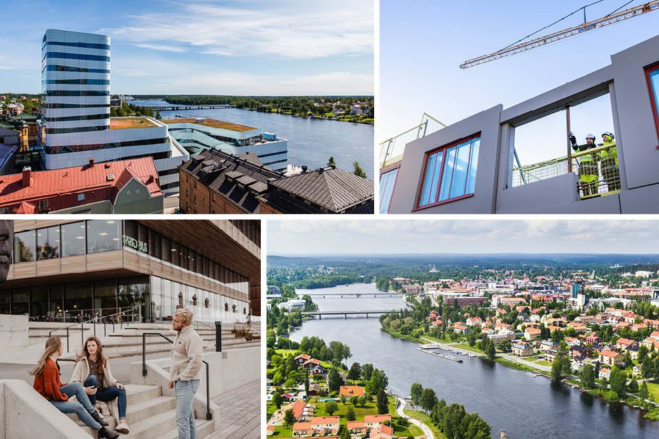 Bilden visar nybyggda bostäder i Umeå med utsikt över älven