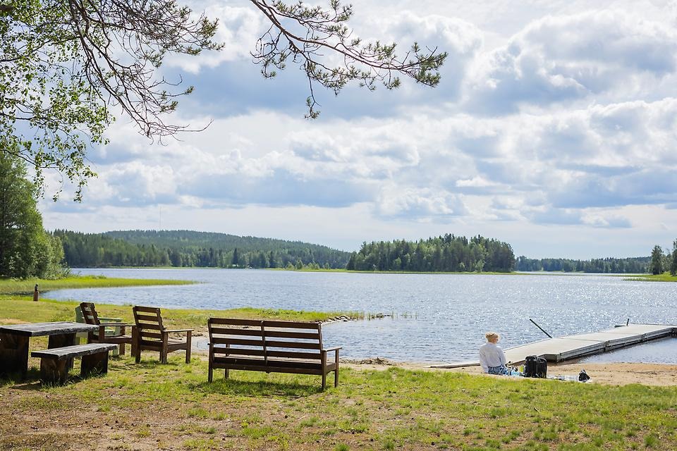 Somrig bild på sjö med brygga