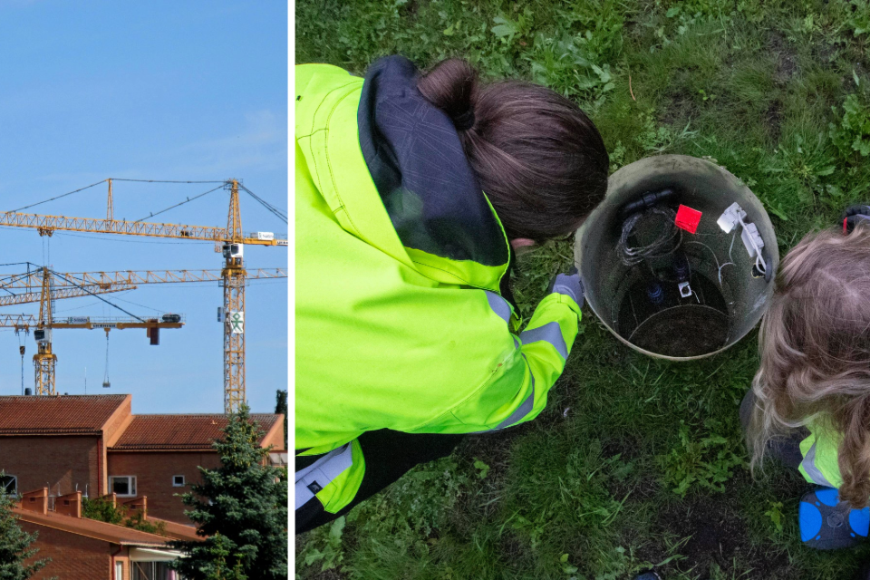 Bildkollage: bild 1 är ett fotografi med byggnader träd och flera lyftkranar, bild 2 är ett fotografi med två personer som tittar ner i ett rör. Personerna har varselkläder på sig.