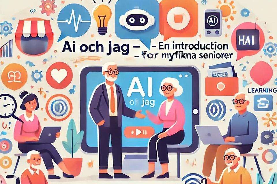 Tecknad blid på flertalet seniorer med texten AI och jag - en introduktion för nyfikna seniorer