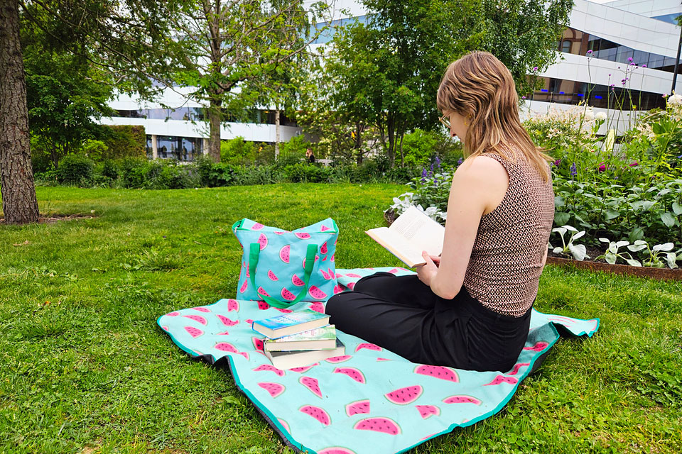 Kvinna läser en bok på en filt i parken.