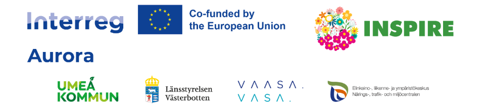 Logotyper för parterna i projektet Inspire: EU Interreg Aurora, Umeå kommun, Länsstyrelsen Västerbotten, Vasa stad och finska Närings- mijö- och trafikcentralen