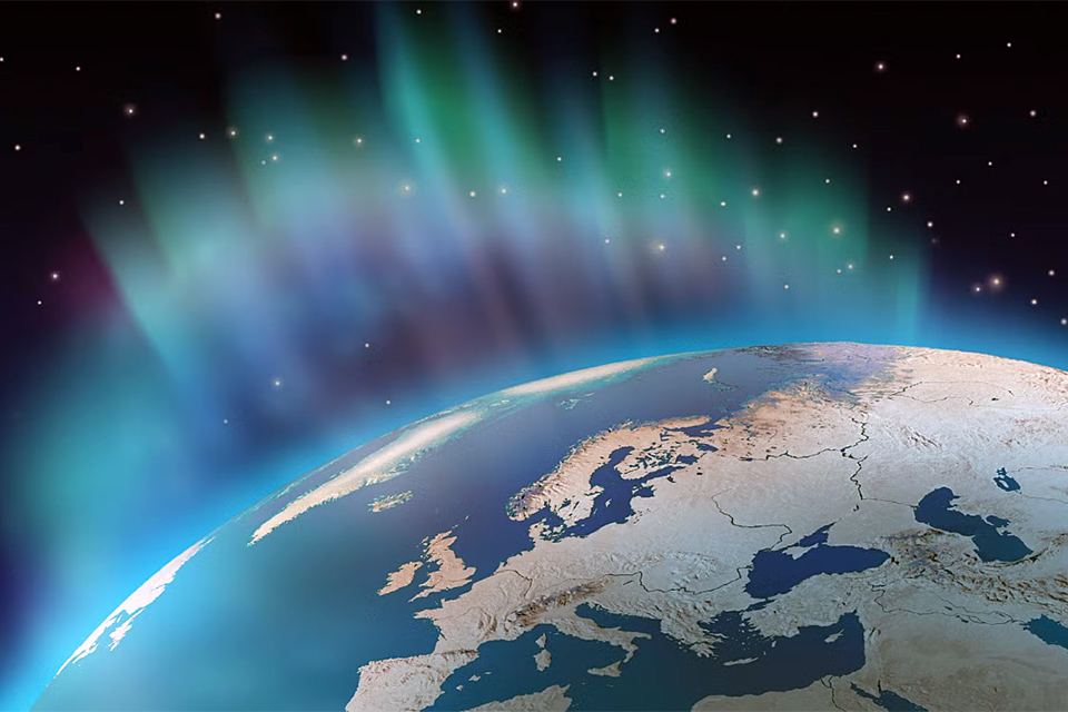 Kartbild över norra Europa, med rymden bortanför horisonten