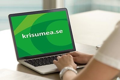 Datorskärm med grön dekorbakgrund och text "krisumea.se"