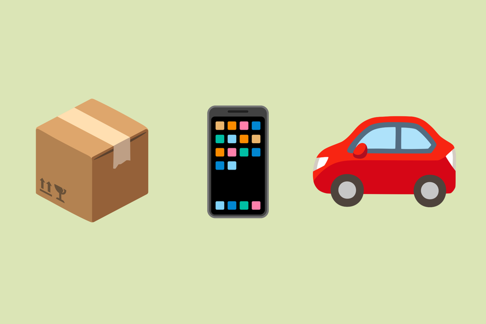 Illustration med tre emojis på en rad: mobiltelefon, paket och bil