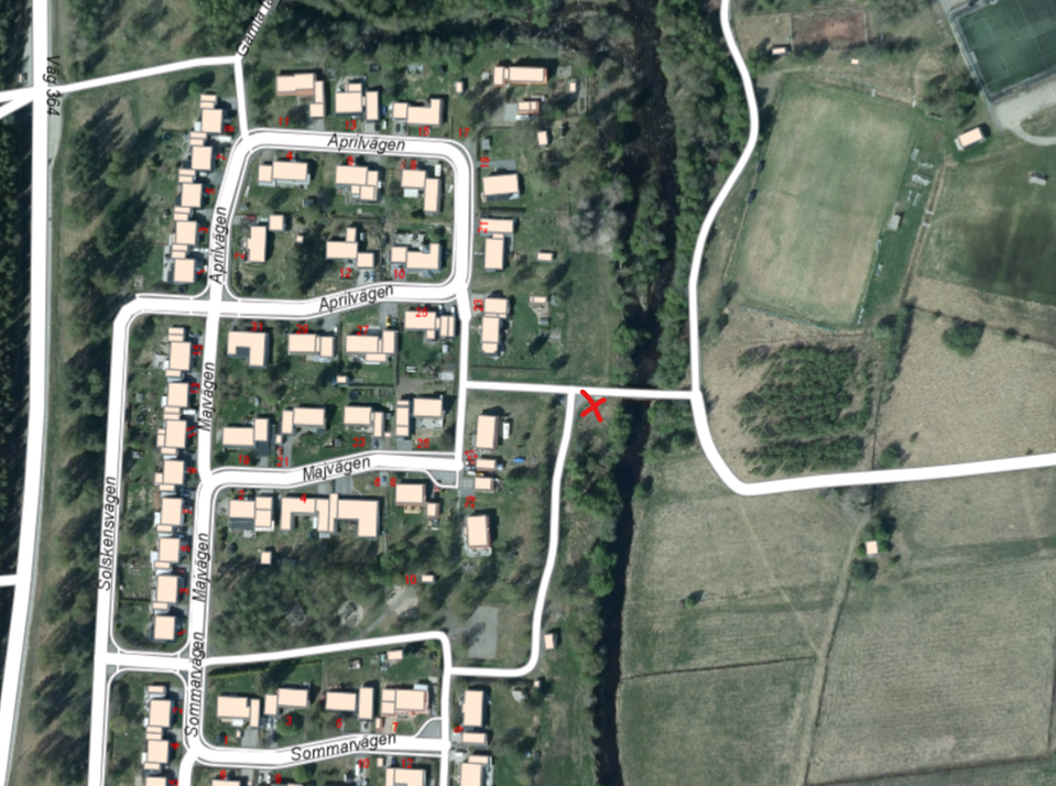 Satelitbild över Ersforsen och samlingsplatsen för arbetsgillet